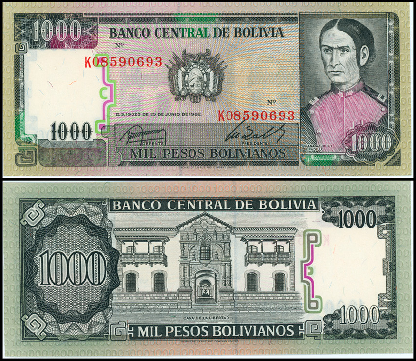 БОЛИВИЯ 1000 БОЛИВИАНО 1982 ГОДА